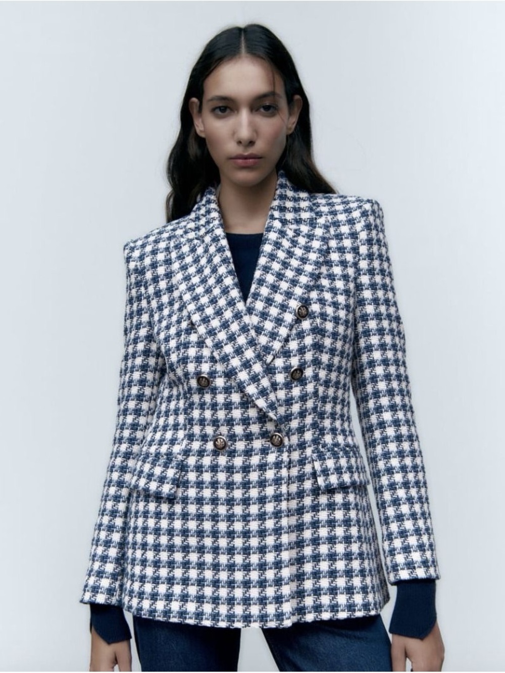 Zara Navy and White Houndstooth Double-Breasted Blazer